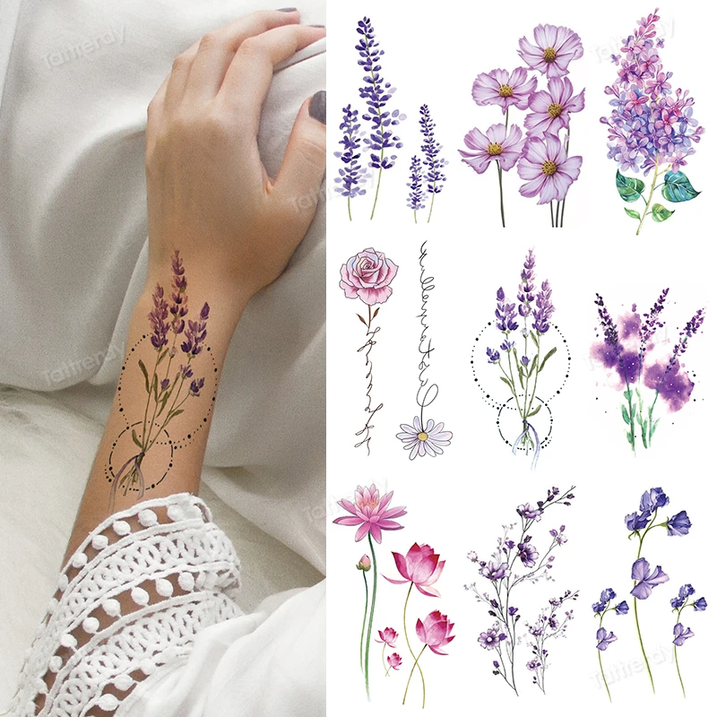 

Small Purple Lavender Leaf Temporary Tattoos For Women Arm Clavicle Tatoo Sticker Watercolor Transferbale Plants Tattoo Paper