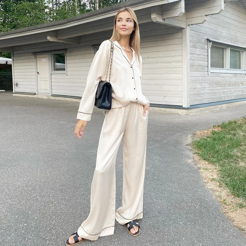 

Hiloc Beige Sleepwear Women Pajama Single Breasted Trouser Suits Set Woman 2 Pieces Wide Legs Pants Causal Nightwear Autumn Suit