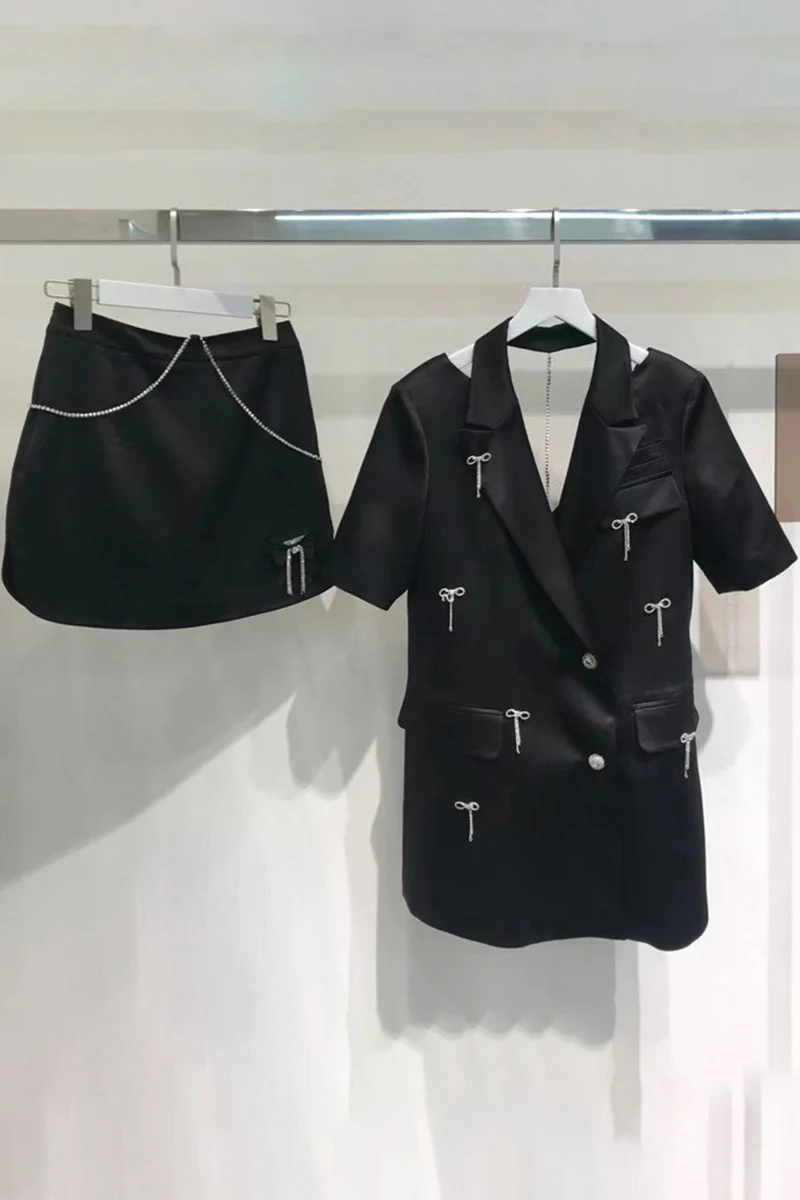 

Women Short Sleeve Back Hollow Solid Color Blazer Sets Coat 2021 Summer Fashion Chain Short Skirt Suit Jacket Suits Office Sets
