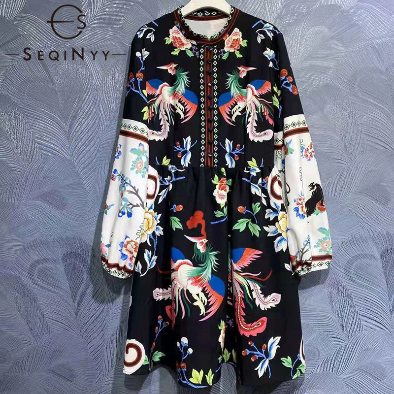 

SEQINYY Vintage Dress Women Spring Autumn Lantern Sleeve Bird Flowers Printed High Quality Elegant Loose Fashion Mini Black