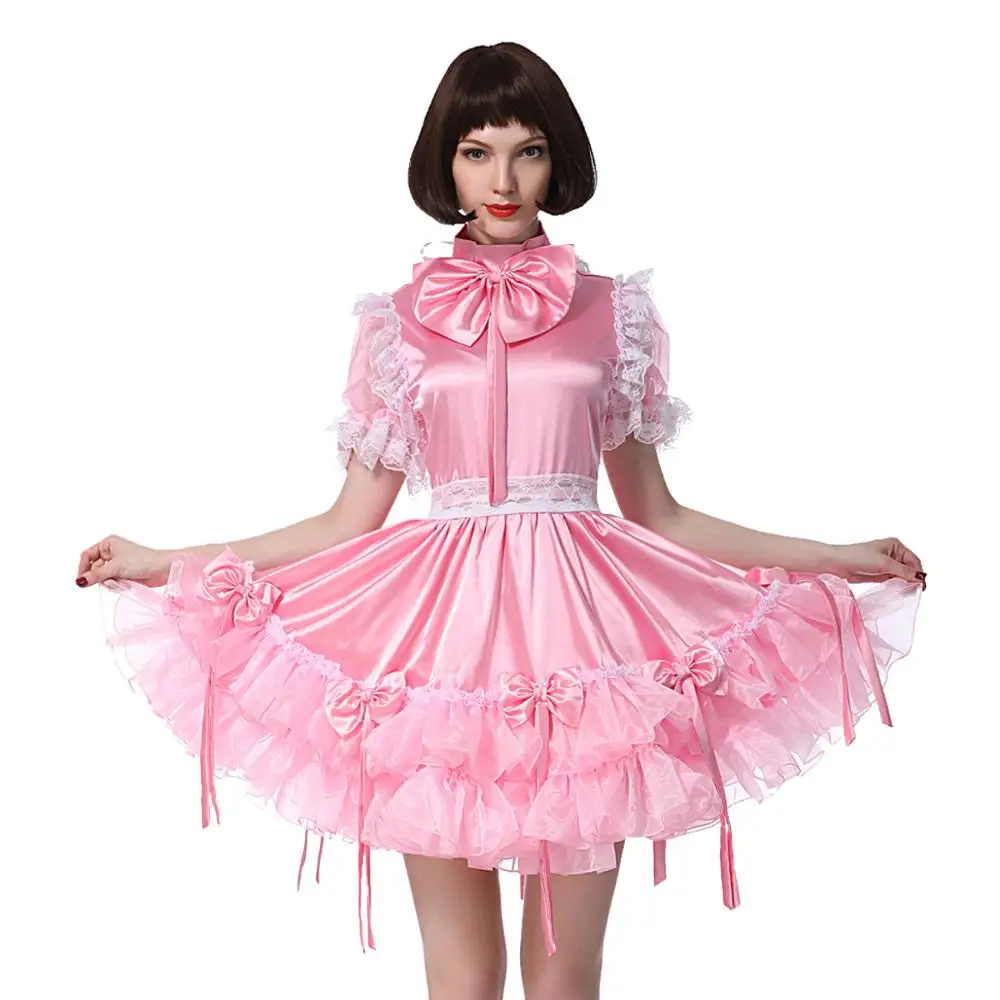 

Sissy Girl Bow Beauty Satin Pink Dress Crossdress Puff Ball Sleeves Cosplay Costume