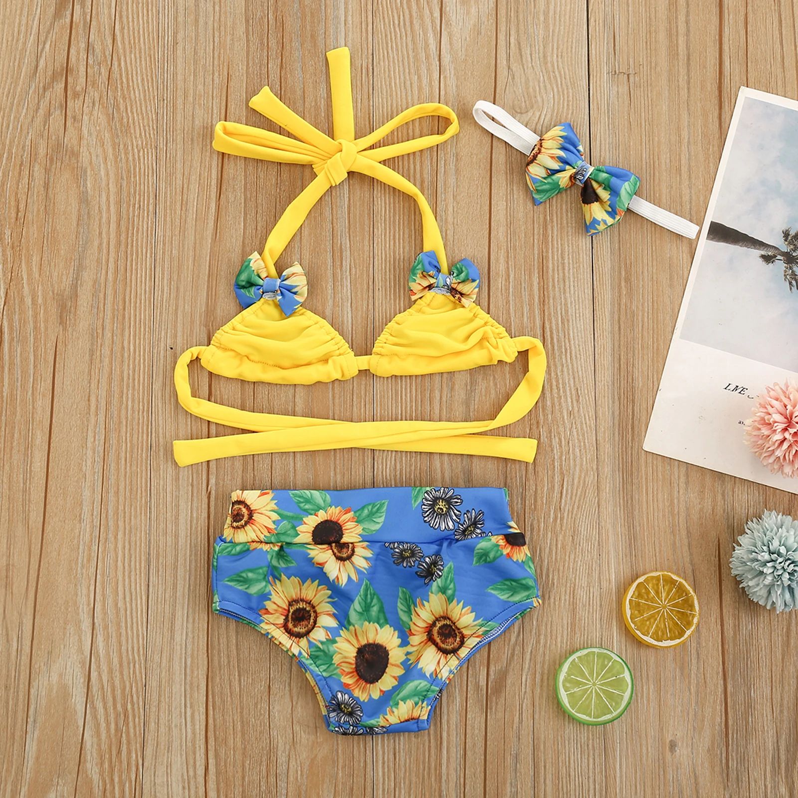 От 0 до 2 лет детский купальник бикини бюстгальтер + трусики повязка на голову с