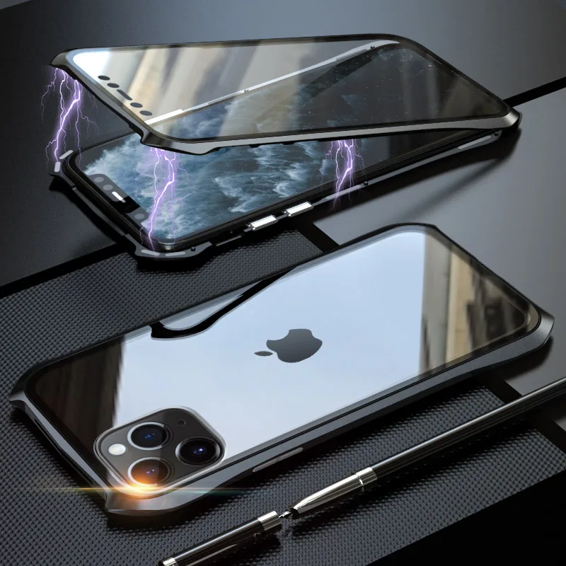 Магнитный адсорбционный чехол для телефона iPhone 11 Pro, чехол 360, Магнитный чехол для iPhone 11 Pro Max, металлический чехол - Цвет: Black