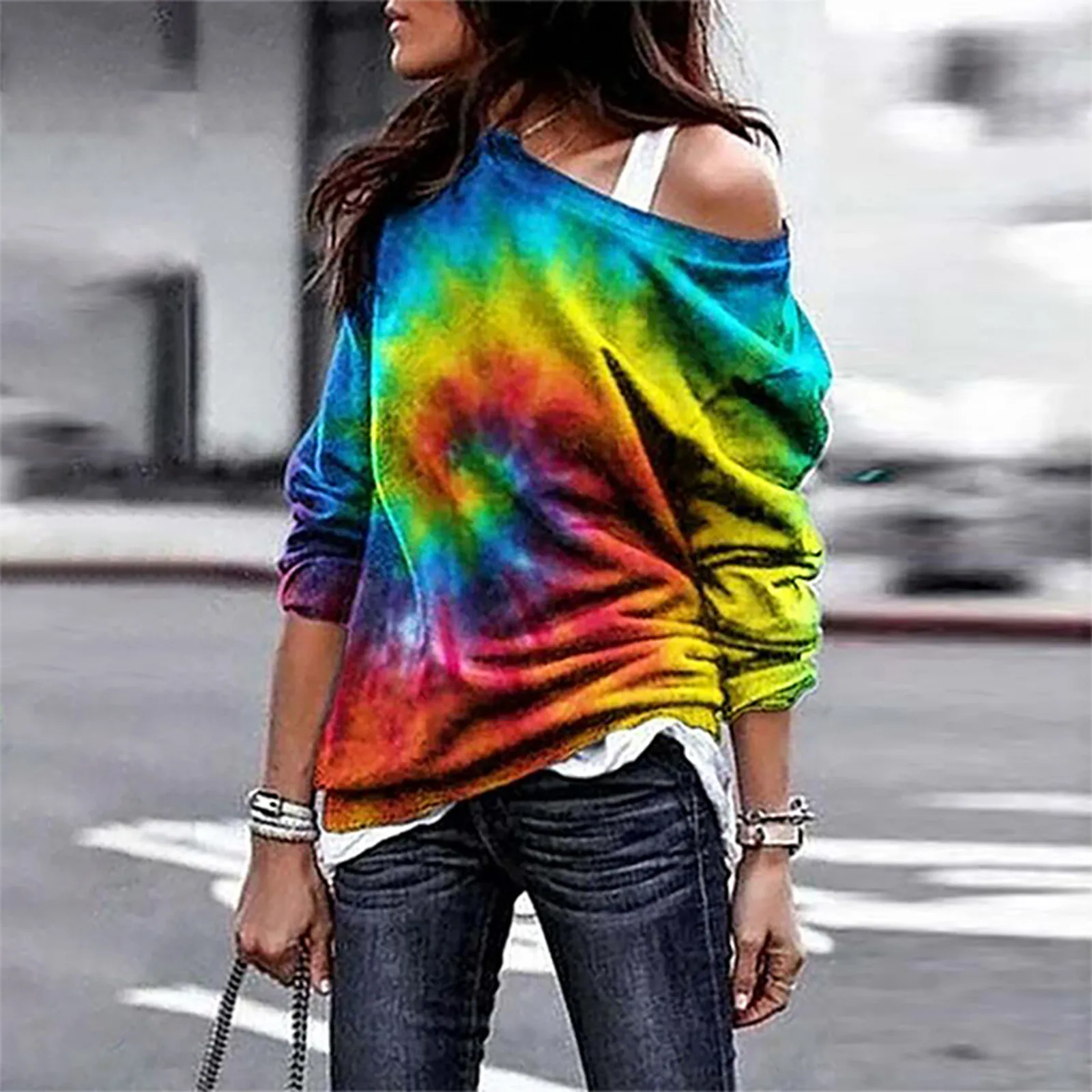 

Женская осенне-зимняя Свободная Толстовка с длинным рукавом и градиентным принтом, свитшот с круглым вырезом и принтом, Женская толстовка ...