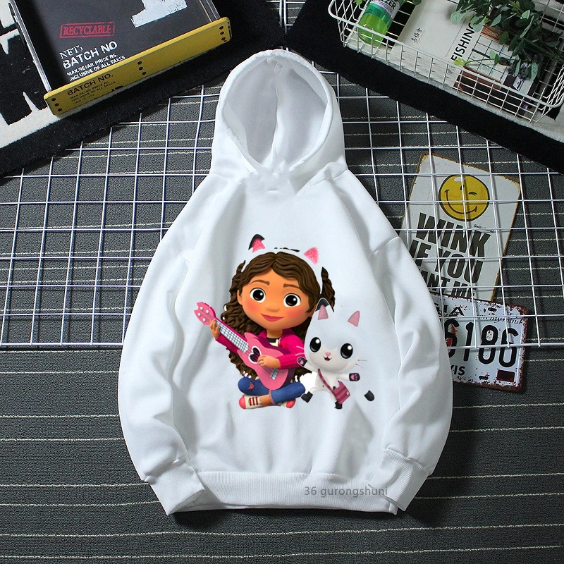 cute girls hoodies cartoon gabbys doll house graphic print girls hoodies fashion cute kids white pink sweatshirt tops wholesale