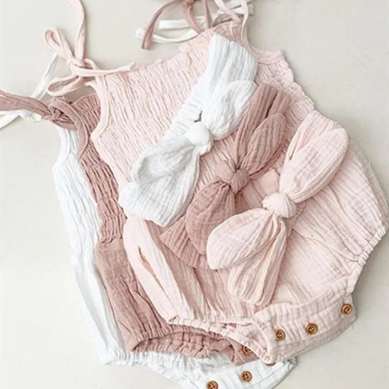 

2021 Summer Solid Newborn Baby Girls Cotton Linen Bodysuits Sleeveless Strap Jumpsuits+Headband 2Pcs Outfits Beachwear