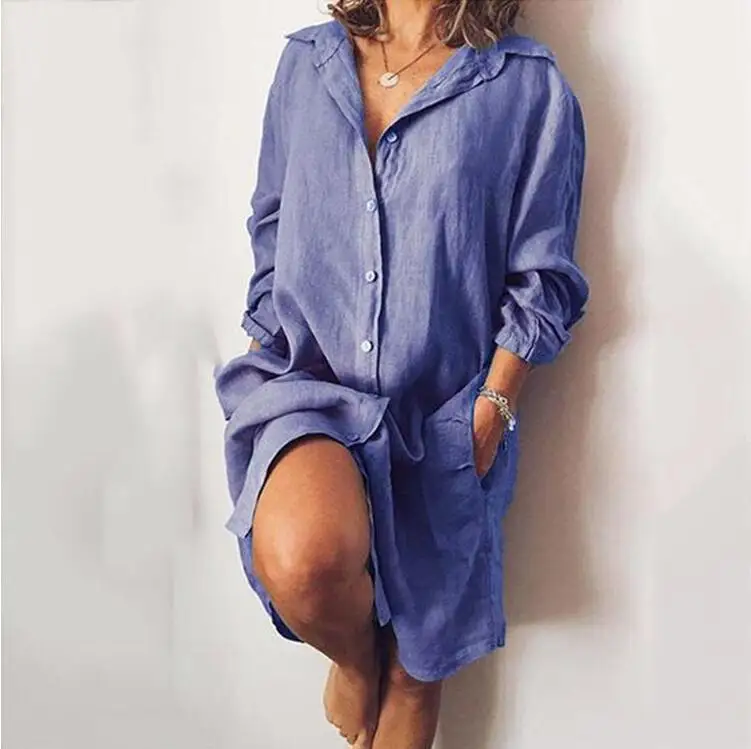

Autumn clothes 4xl long sleeve turn-down collar double pocket button up knee-length shirt dress 2021 yellow robe chemise femme