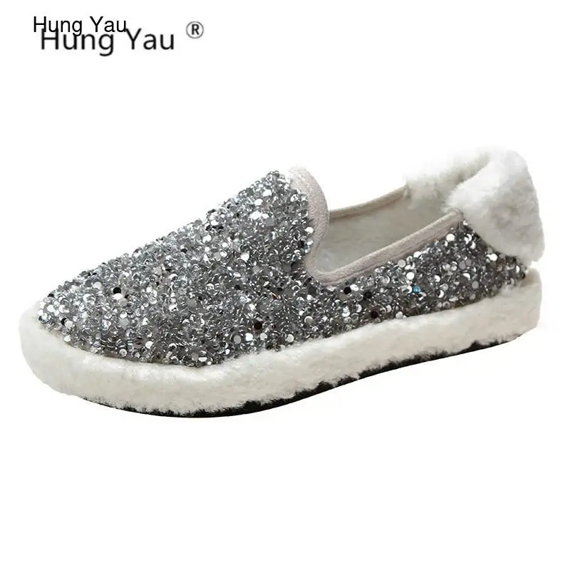 

Soft Women Shoes Suede Winter Platform Black Sequins Bling Shoes Woman Slip On Fur Loafers Ballet Mother Flats Size Plus 35-40