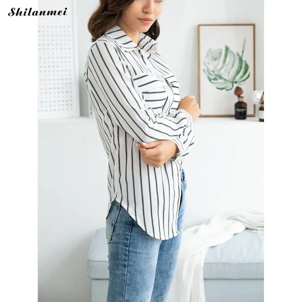 2019 осенние хлопковые элегантные полосатые рубашки блузки с v-образным вырезом и