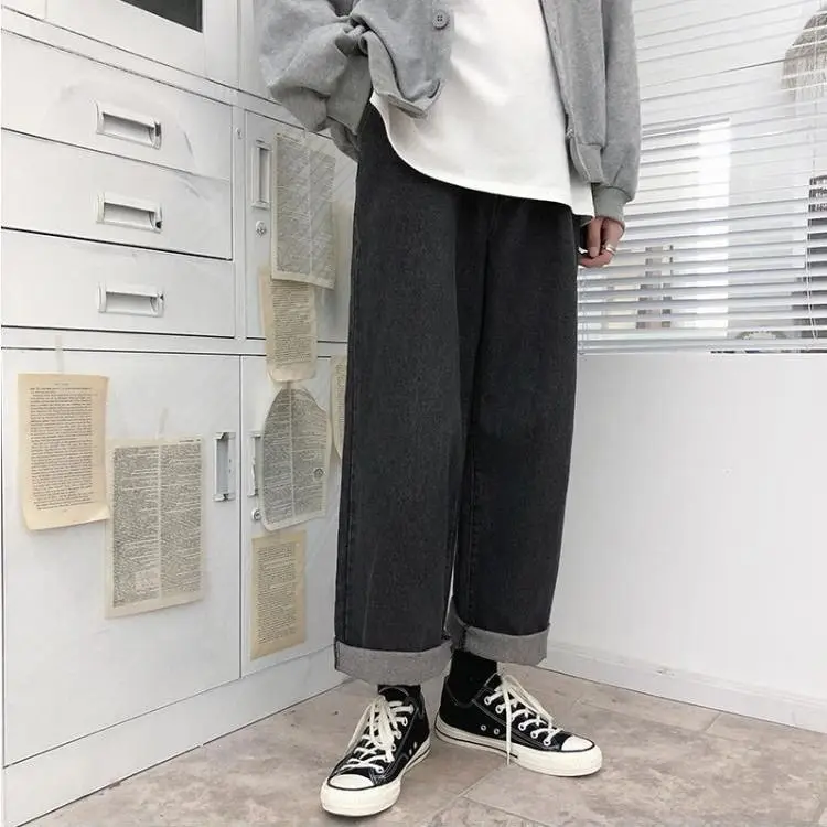 

Spring and autumn ins high waist black jeans women's slim straight pants loose BF Korean student print wide leg pants fashion