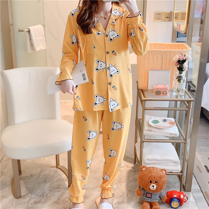 Пижамы для женщин с длинным рукавом в клетку в Корейском стиле розовый Kawaii пижамный комплект размера плюс женская домашняя одежда мягкая с отложным воротником