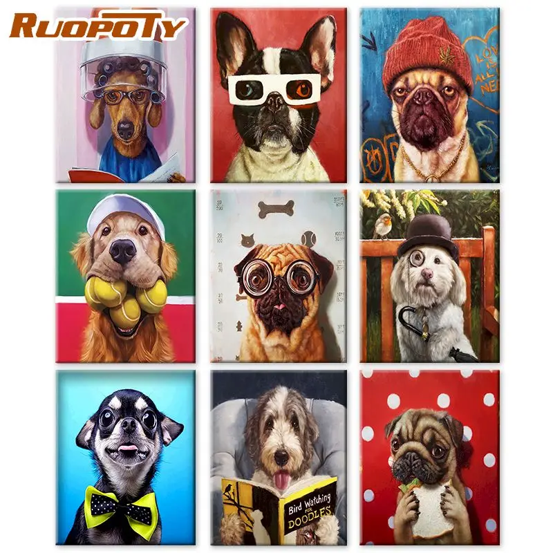 

RUOPOTY Frame DIY Paint By Numbers Dog Kit Handpainted Oil Painting Animals HandPainted Oil Painting By Numbers Picture Home Dec