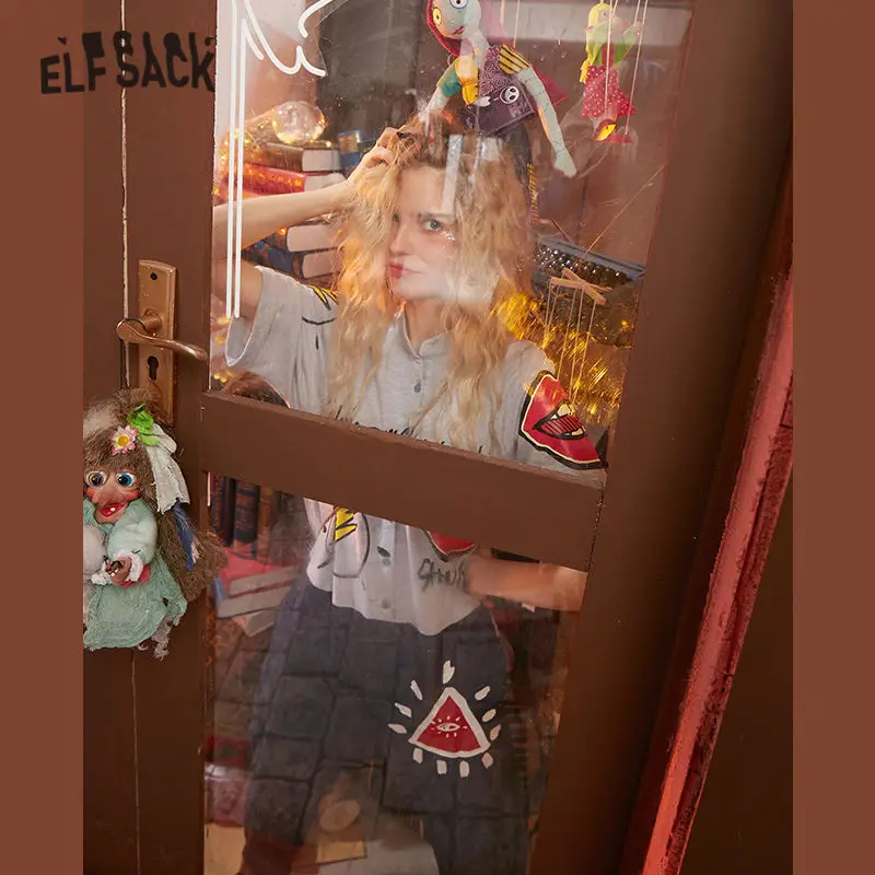 Женский джинсовый комбинезон ELFSACK синий/серый повседневный с цветными блоками и