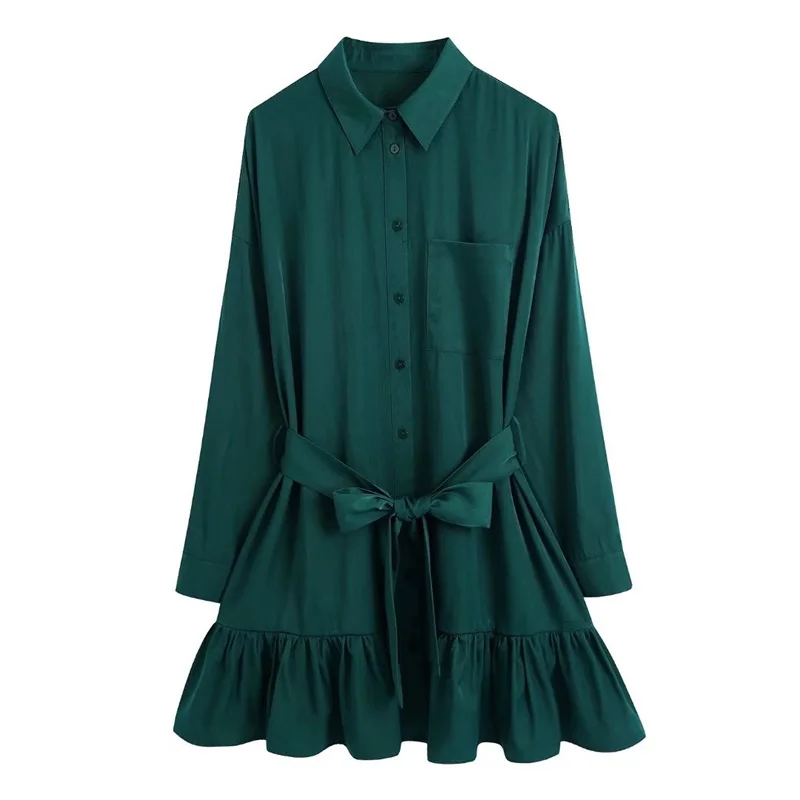 

TRAF Women 2021 Fashion With Belt ​Ruffle Hem Mini Vestidos Retro Long Sleeve Stand-Up Lapel Collar Shirt Dress Streetwear