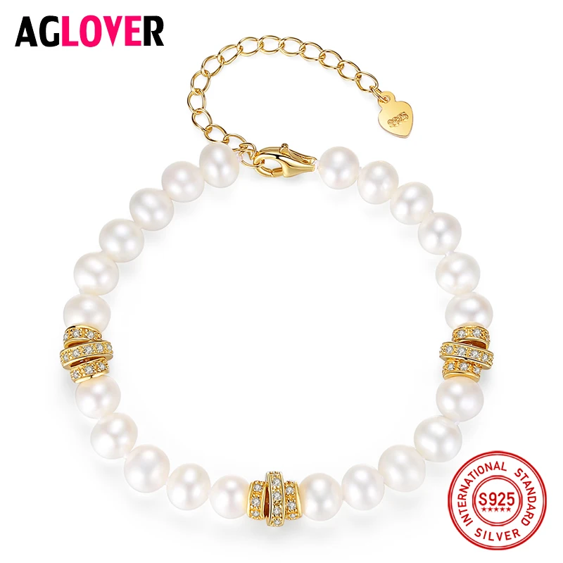 

AGLOVER New Genuine Natural Freshwater Baroque Pearl Bracelets Bangles For Women White Pearl 925 Silver Gilt Clasps Jewelry Gift