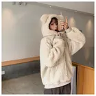 Женская толстовка с капюшоном, зимняя теплая плюшевая кофта с милыми медвежьими ушками, свободная кофта большого размера с карманами