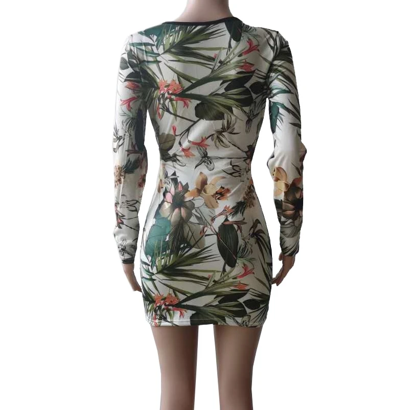 Глубокий v образный вырез крест печати Мини платье сексуальное облегающее с