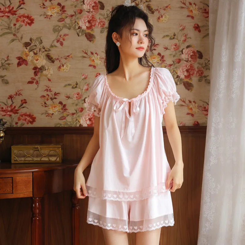 

Female Short Sleeve Pajamas Suit Women Summer Cotton Loose Large Size Royal Princess Sweet Lovely Style Shorts Two Piece Suit