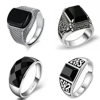 new silver original geometric inlaid black agate big domineering exaggerated ring niche design mens opening adjustable jewelry