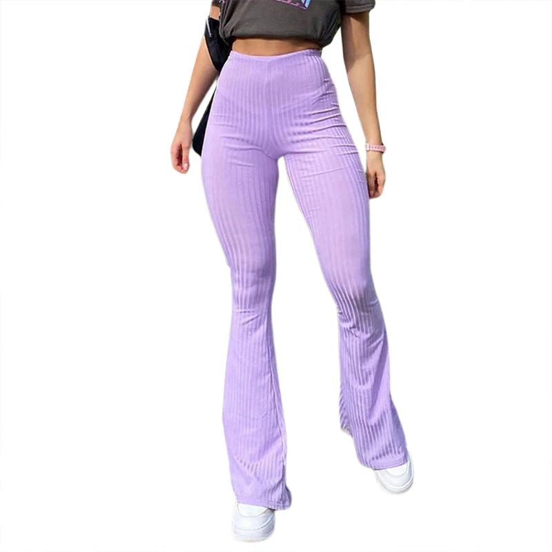 

2021 Women Flare Pants Ribbed Knitted Slim Elastic High Waist Long Trousers Ladies Purple Sweatpants Female Vintage Clothing