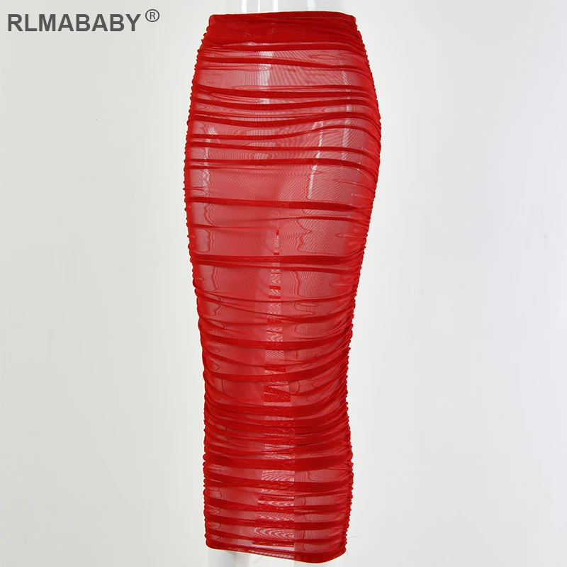 Летние rlmababy пляжные вечерние пикантные сетчатые юбки прозрачные длинные макси Прозрачные юбки Высокая Талия Ruched прозрачные Клубные юбки красного цвета