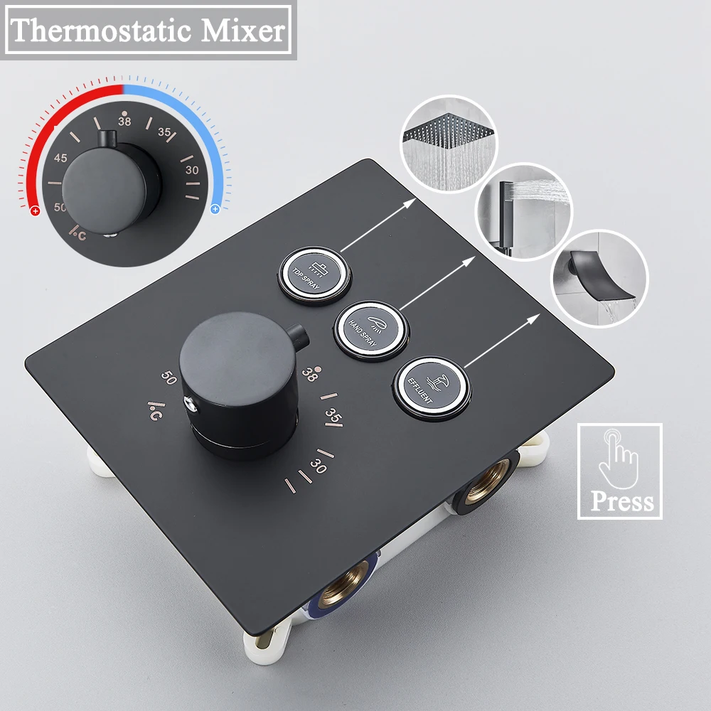 New Matte Black Thermostatic Bathroom Shower Faucet Set Rain Waterfall Bathtub System Mixer Tap Wall Mounted Button | Обустройство