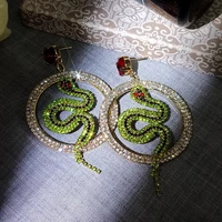 just feel luxury green crystal snake earrings for women round hollow shiny rhinestone dangle drop earring party fashion jewelry