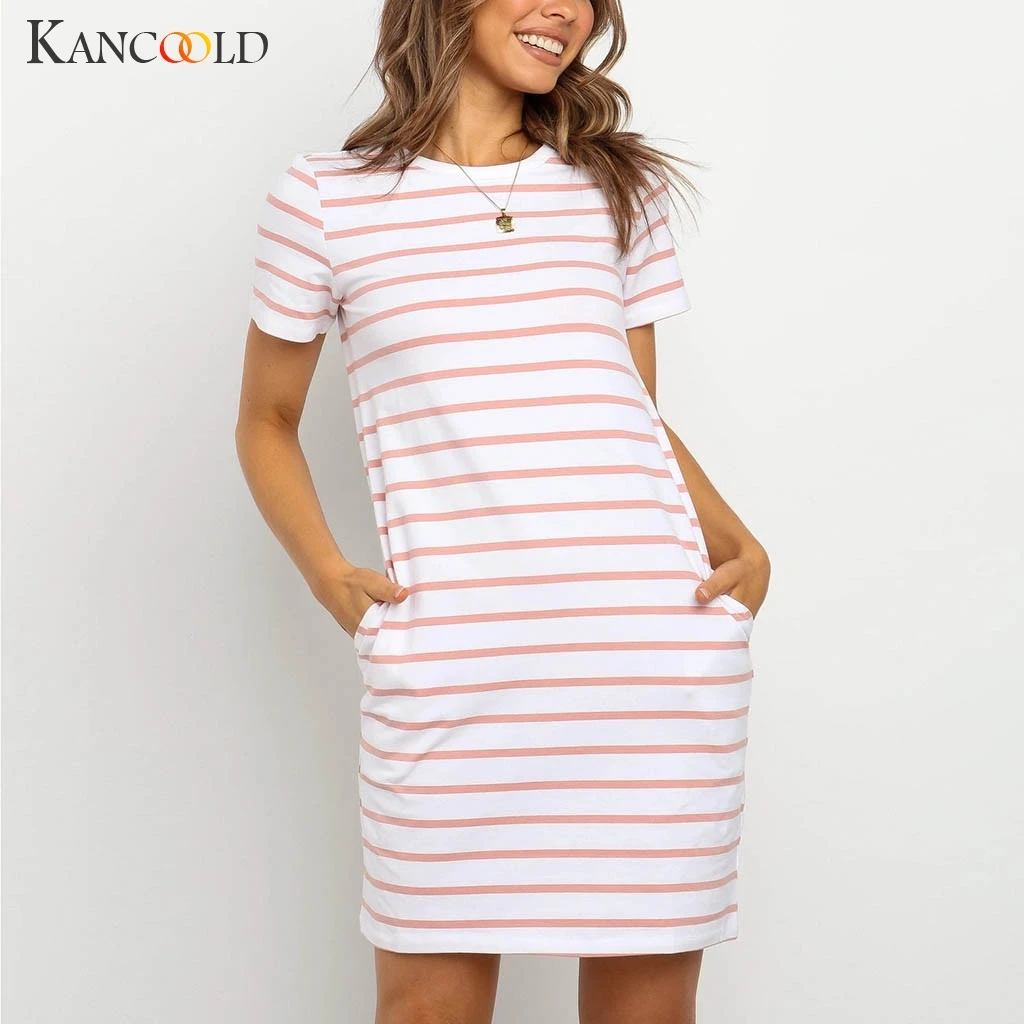 Женское винтажное платье в полоску KANCOOLD повседневное мини с короткими рукавами и