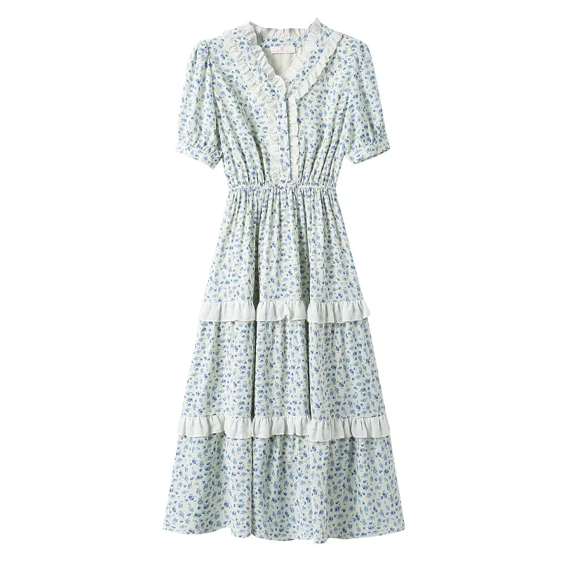

French sweet lady dress summer new kind fairy van restoring ancient ways of tall waist show thin floral dress