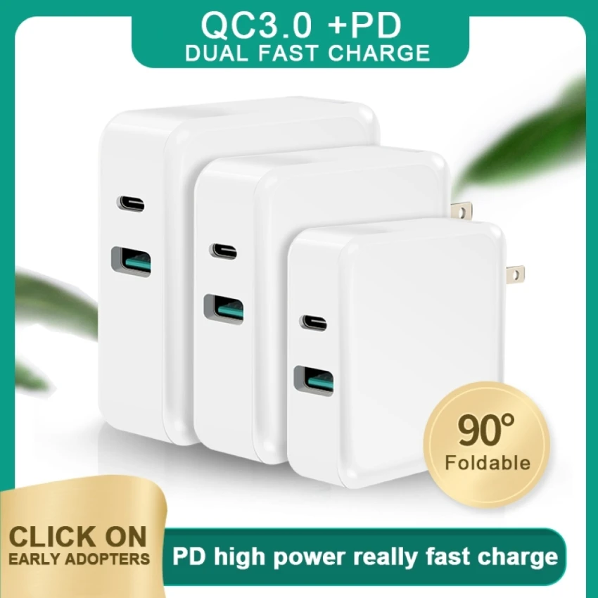 

65w Qc3.0 Type-c Pd Portable Usb Quick Wall Charger Dual Multiple Ports For Laptop Macbook Notebook Mobile Phone