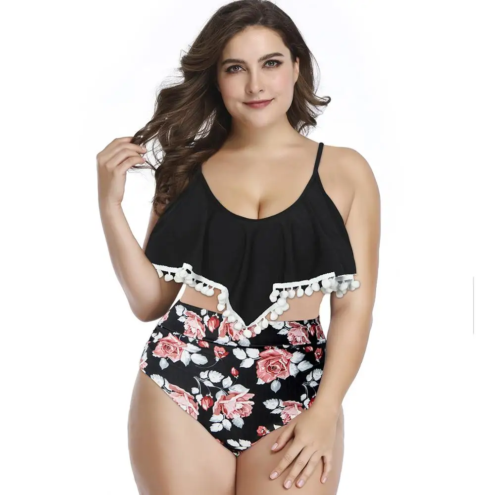 

Plus Size Bikini Swimsuit for Women High Waisted Swimsuits Tummy Control Two Piece Tankini Ruffled Top with Swim Bottom Bathing