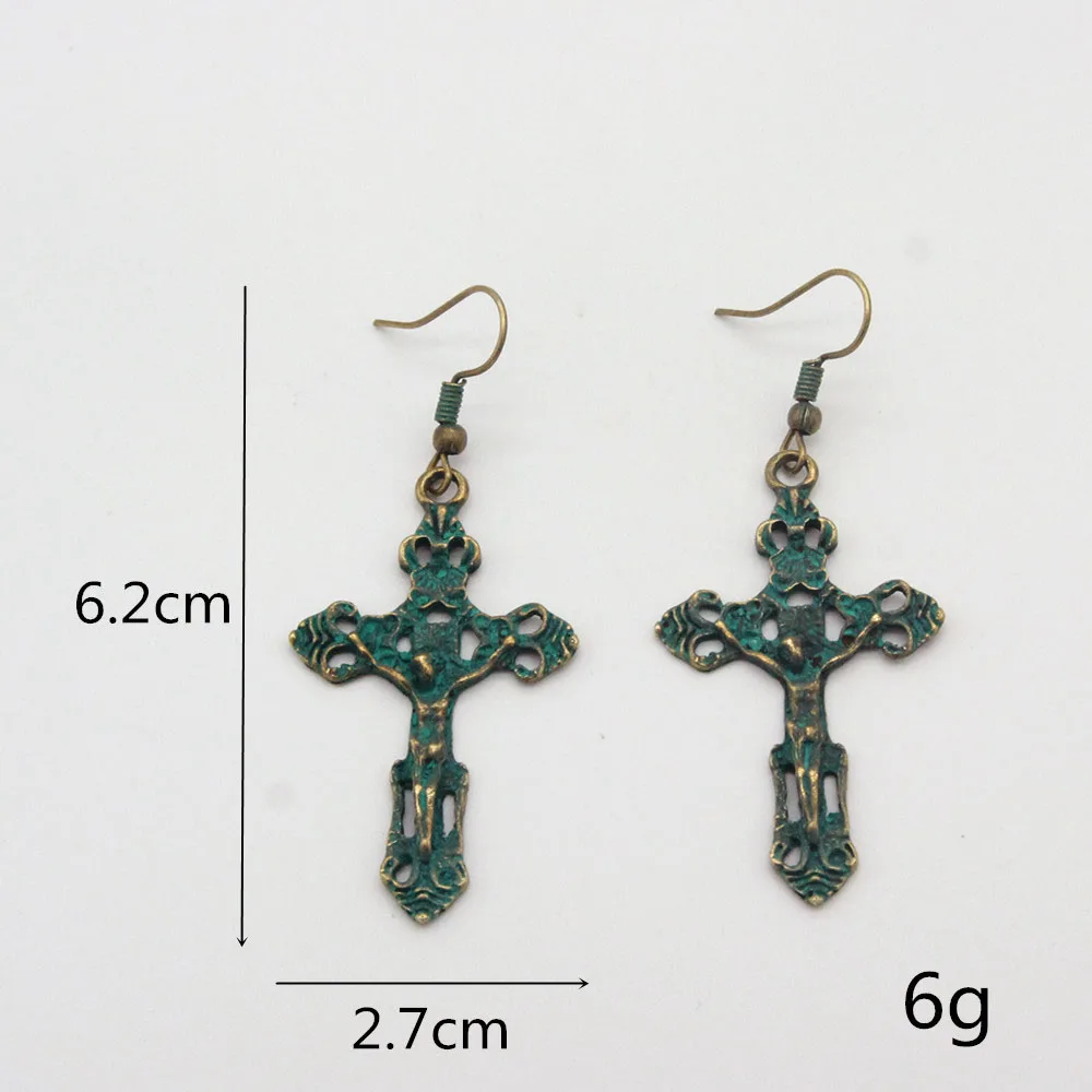 

New Fashion Cross Jesus Earrings Long Retro Earrings Bronze Green Decorative Jewelry Female Earrings