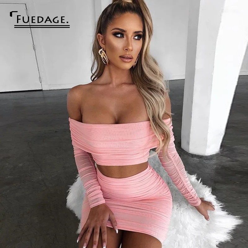 Fuedage/Летний сетчатый сексуальный женский комплект из двух предметов розовый с