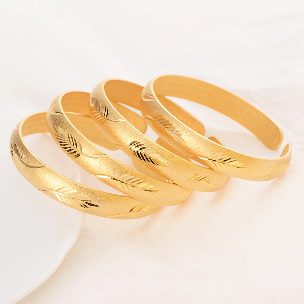 

18 K Fine Gold Bangle GF Bracelet Africa Arab Fashion leaf sculpture Abrasive blasting Jewelry plume Items 1-4 PCS select