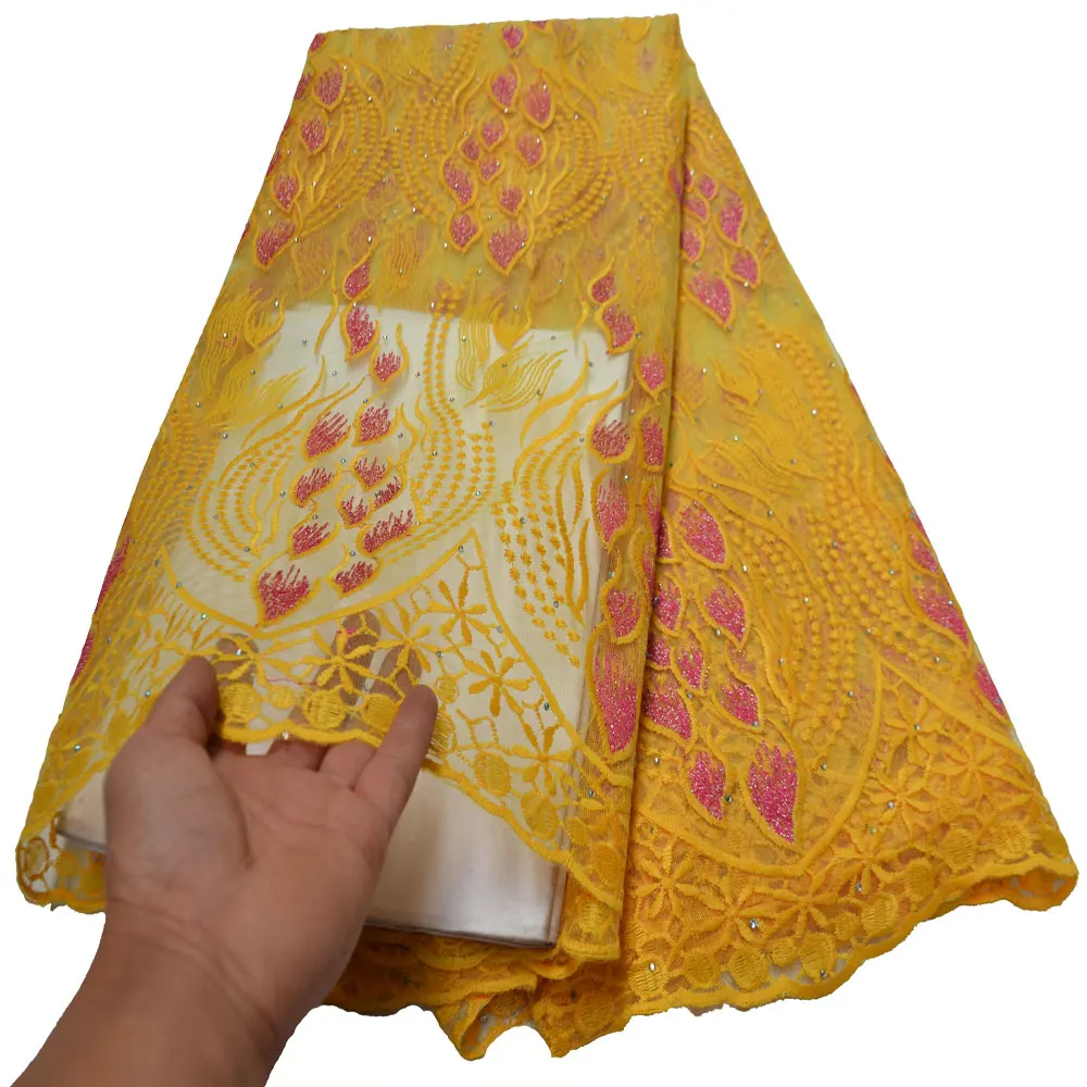 

African Lace Fabric High Quality French Nigerian Beads Embroidered Tulle Lace Fabric With Women Wedding Party Dress FN011