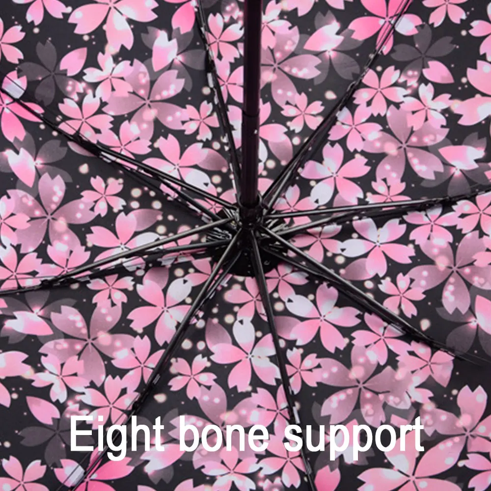 Зонт Sakura складной в три сложения с защитой от УФ-лучей обратная Черная Клейкая