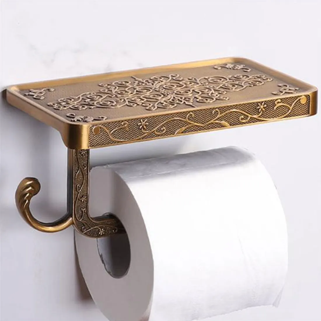 

Bathroom Hardware Set White Paper Mobile Phone Holder Space Aluminum Antique Roll Holder with Shelf Toilet Paper Box Wall Mount