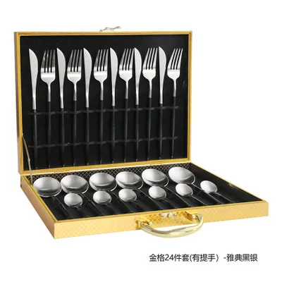 24pcs with giftbox Черный золотой набор столовых приборов 24 столовых приборов набор 18/10 из нержавеющей стали столовая вилка и нож белый золотой набор столовых приборов розовый с деревянной подарочной коробкой - Цвет: 24pcs with giftbox