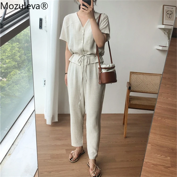 

Mozuleva 2021 New Summer Women Jumpsuits & Rompers Casual Cotton and Linen Ankle-Length Pants Fake Two Pieces Playsuit femme