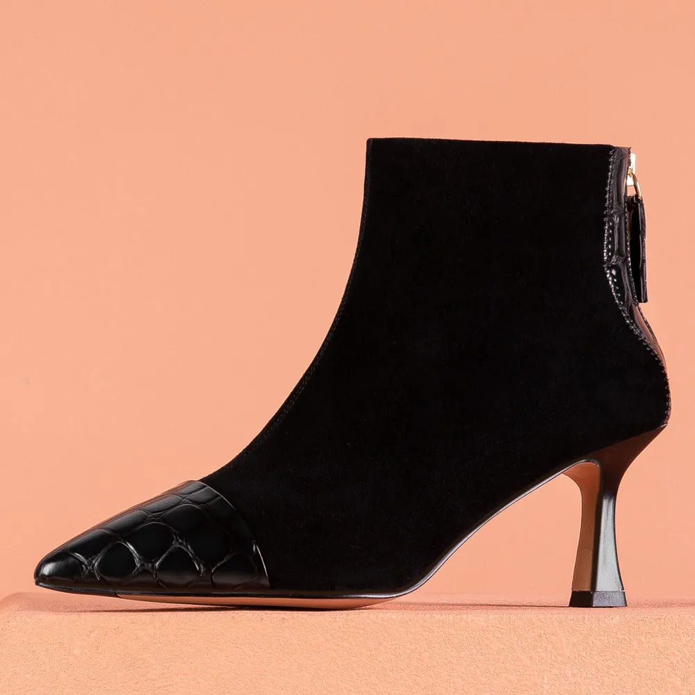 

Women's natural suede leather patchwork back zip thin high heel elegant ladies autumn ankle boots pointed toe short booties shoe
