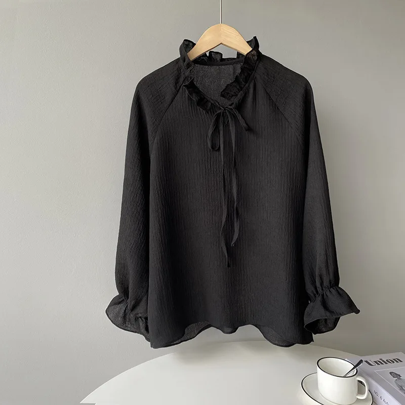 

Fungus O-neck Belt Design Women Blouses Flare Sleeve Solid Loose Fitting Casual Shirts 2021 Spring Summer Korean Sweet Blusa