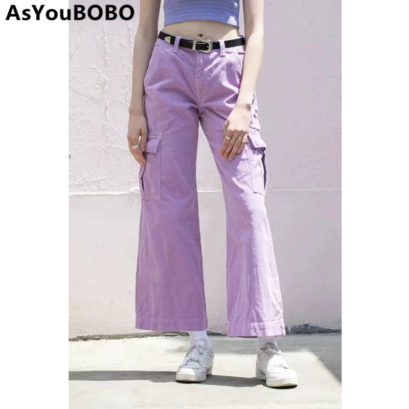 Винтажные Популярные фиолетовые милые широкие брюки карго в стиле Харадзюку