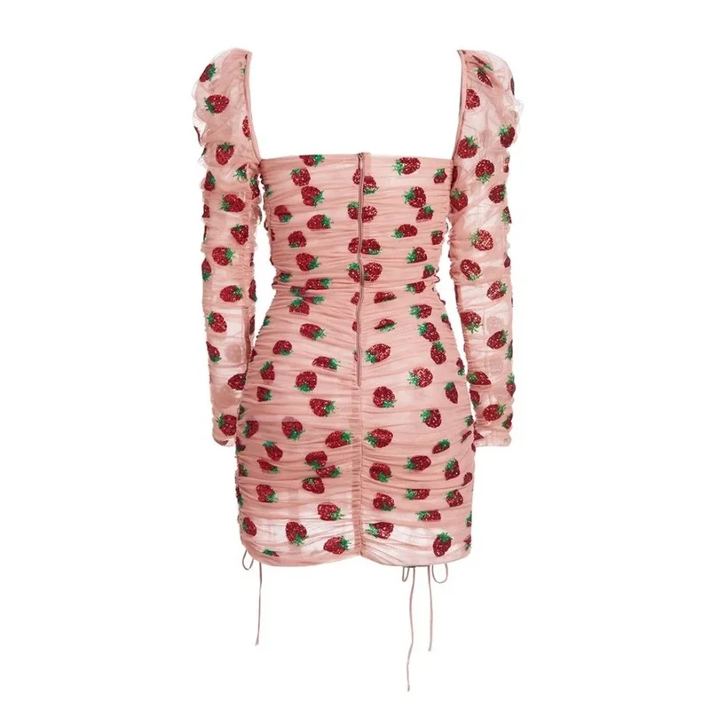 

Strawberry Dress Women Sweeet French Style Mesh Pleated Vestidos Autumn Ladies Casual Bodycon Lace Up Wrap Sequins Mini Dresses
