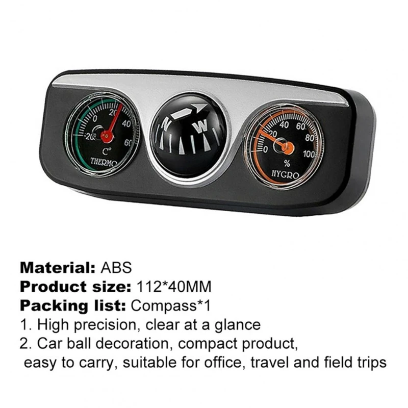 

3in1 ABS Adhesive Auto Car Triple Gauge Set Compass Hygrometer Thermometer Convenient Navigation Ball