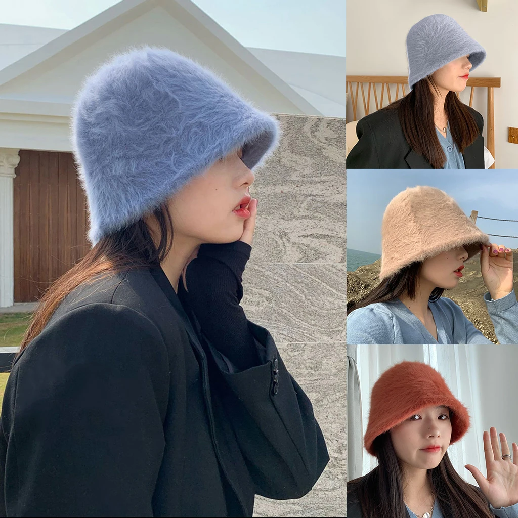 

Women Winter Fluffy Furry Dome Bucket Hat Solid Color Thicken Warm Harajuku Hip Hop Bell-Shaped Foldable Fisherman Cap