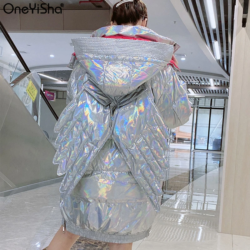 Женский глянцевый пуховик с крыльями зимнее теплое Женское пальто для