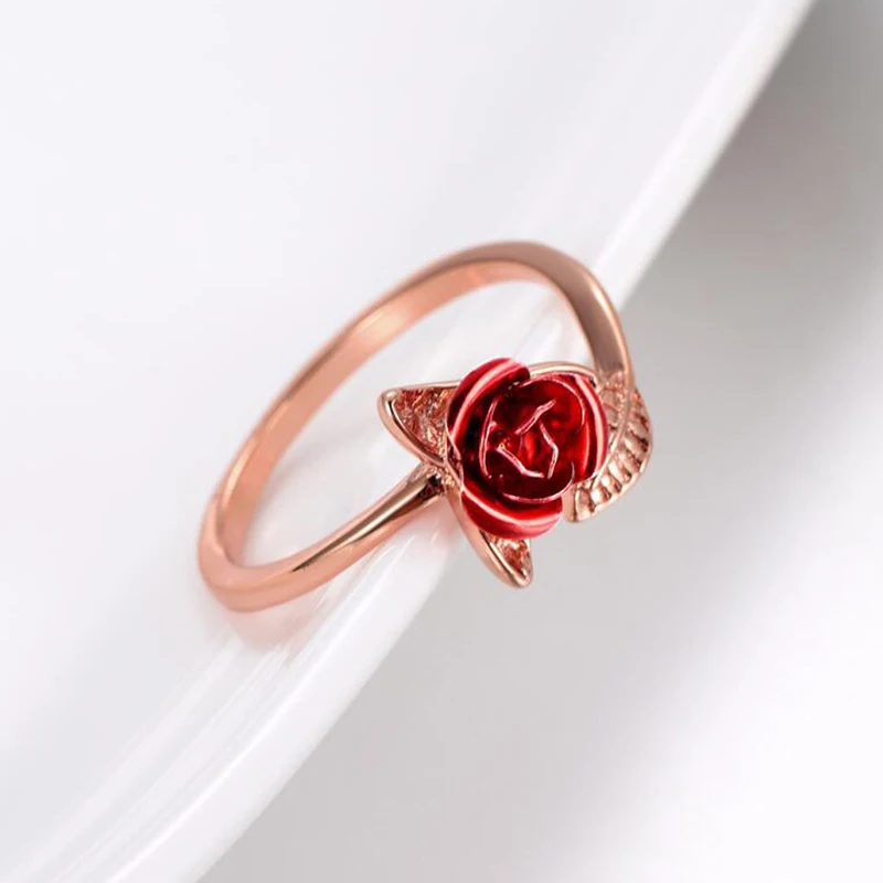 

XUFAN Red Rose Flower Leaves Opening Ring For Women Rhinestone Flowers Adjustable Finger Ring Valentine's Day Jewelry Gift