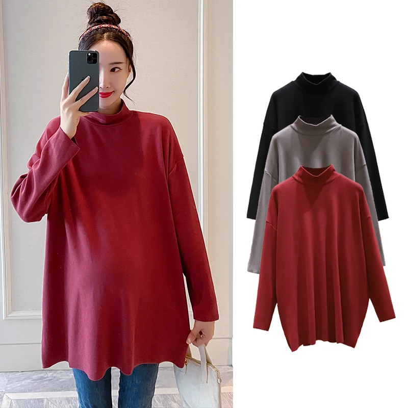 

6339# Autumn Winter Thermal Warm Maternity Shirt Large Size Loose T Shirt Clothes for Pregnant Women Hign Neck Pregnancy Tops