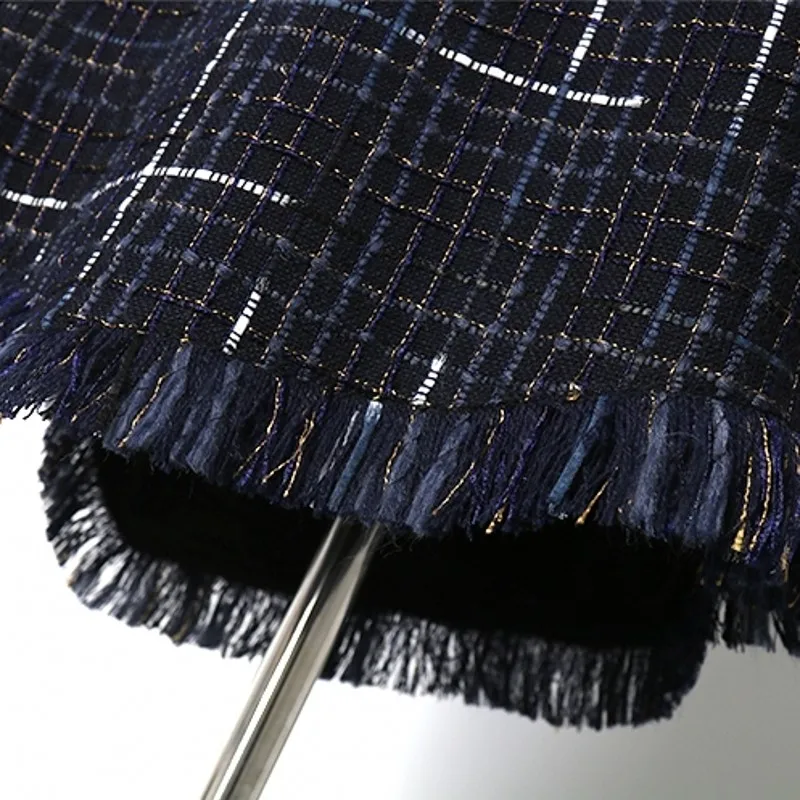 

Fashion Plaid Tweed Dress Women Elegant Tassel O-Neck Bow Irregular Length Slim Dresses Ladies Clothes 2021 Spring Summer New