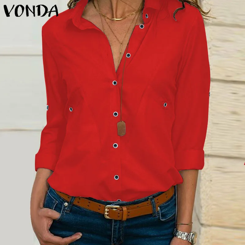 

VONDA Autumn Long Sleeve Shirts Women Blouses Sexy V Neck Solid Office Shirts Casual Tops Bohemian Blusas Femme Plus Size S-5XL